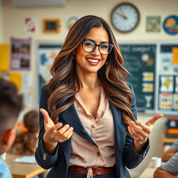 A glamorous and fashionable female teacher in a modern classroom setting, with stylish attire that subtly highlights her figure