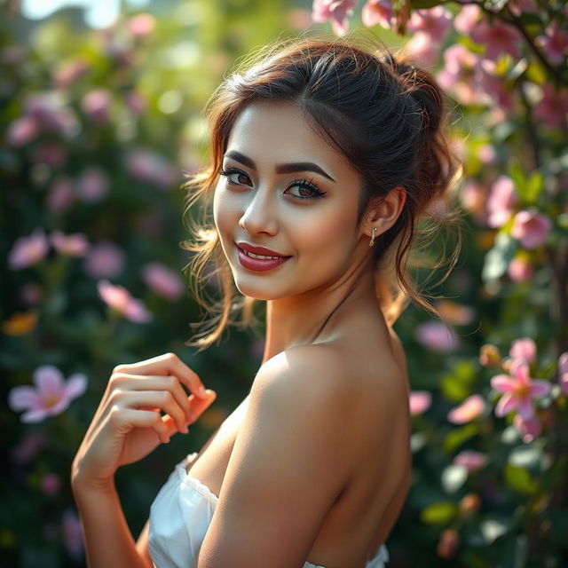 A vibrant and artistic portrayal of a confident 22-year-old woman in a natural and serene outdoor setting