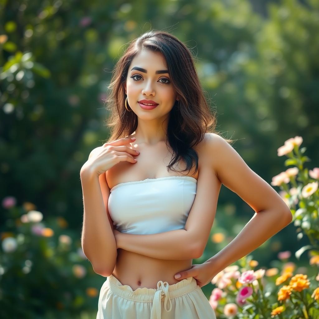 A vibrant and artistic portrayal of a confident 22-year-old woman in a natural and serene outdoor setting