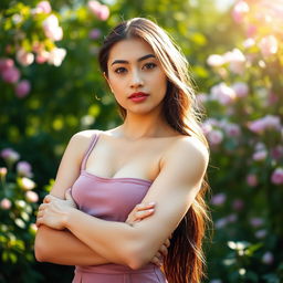 A vibrant and artistic portrayal of a confident 22-year-old woman in a natural and serene outdoor setting