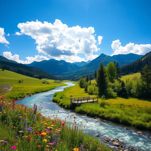 A serene landscape featuring a tranquil river flowing through a lush valley, surrounded by rolling hills and a vibrant forest filled with various shades of green