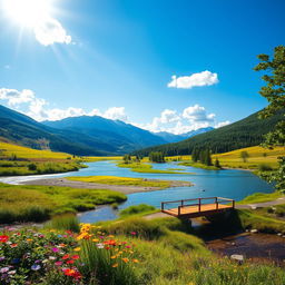 A serene landscape featuring a tranquil river flowing through a lush valley, surrounded by rolling hills and a vibrant forest filled with various shades of green