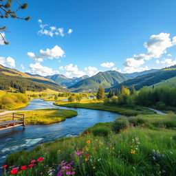 A serene landscape featuring a tranquil river flowing through a lush valley, surrounded by rolling hills and a vibrant forest filled with various shades of green