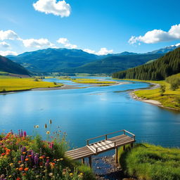 A serene landscape featuring a tranquil river flowing through a lush valley, surrounded by rolling hills and a vibrant forest filled with various shades of green