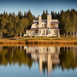 A beautiful lake house, perfectly reflected on the tranquil water surface