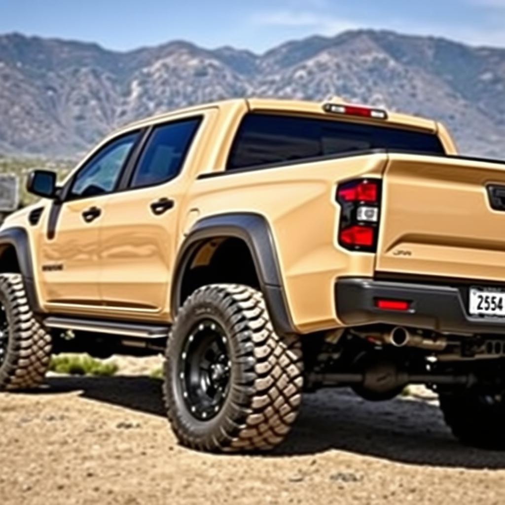 An off-road pickup truck, sand colored with black rims and black exhaust pipes