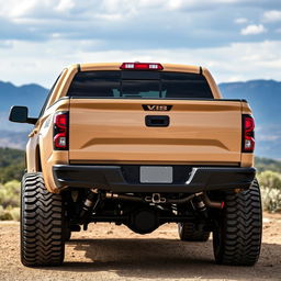 An off-road pickup truck, sand colored with black rims and black exhaust pipes