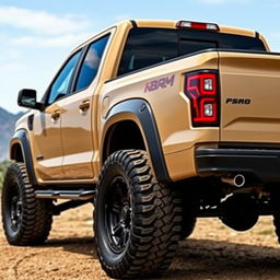 An off-road pickup truck, sand colored with black rims and black exhaust pipes