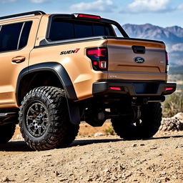 An off-road pickup truck, sand colored with black rims and black exhaust pipes