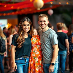 A vibrant and lively group photo featuring two people standing together, smiling, surrounded by a warm and colorful backdrop that suggests a festive atmosphere