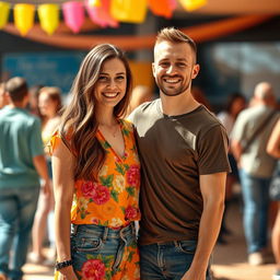 A vibrant and lively group photo featuring two people standing together, smiling, surrounded by a warm and colorful backdrop that suggests a festive atmosphere