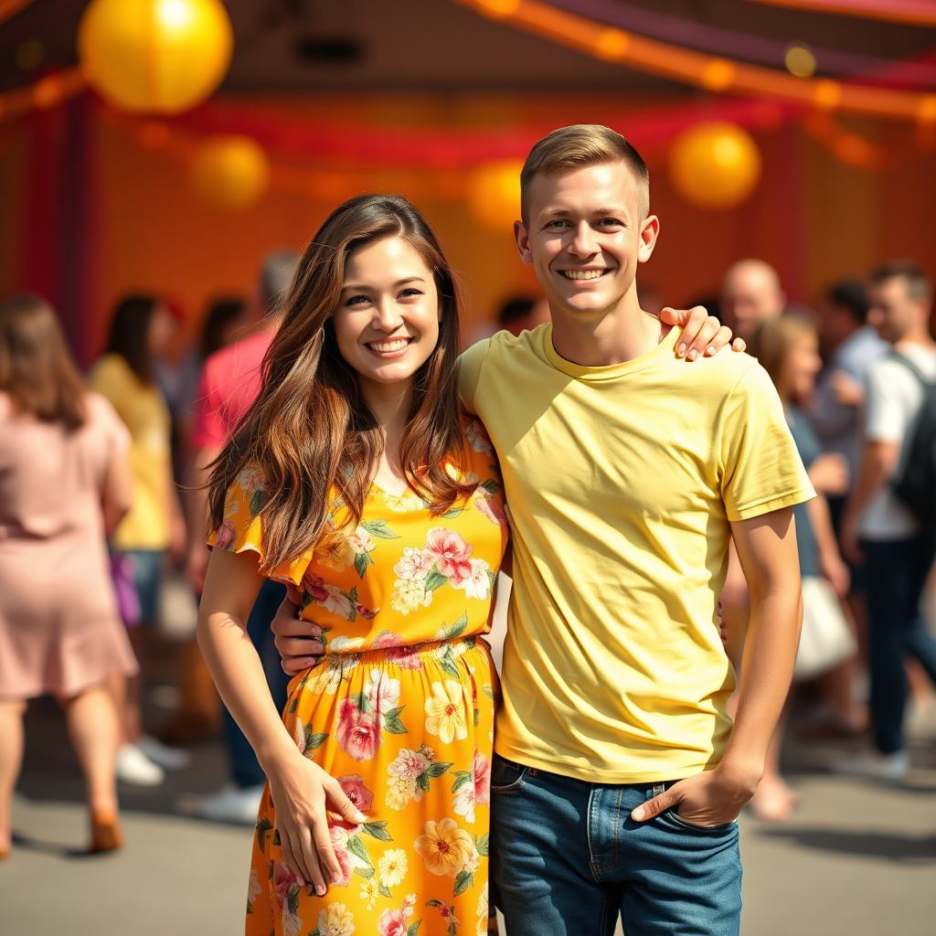 A vibrant and lively group photo featuring two people standing together, smiling, surrounded by a warm and colorful backdrop that suggests a festive atmosphere