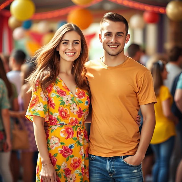 A vibrant and lively group photo featuring two people standing together, smiling, surrounded by a warm and colorful backdrop that suggests a festive atmosphere