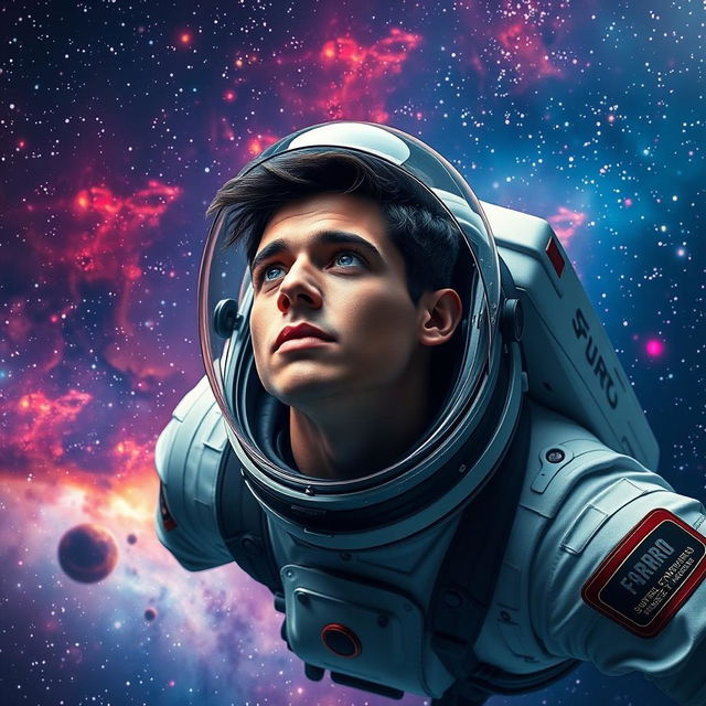 A stunning portrait of Antonio Moreno, a healthy young man with striking features and short dark hair, wearing a futuristic space suit