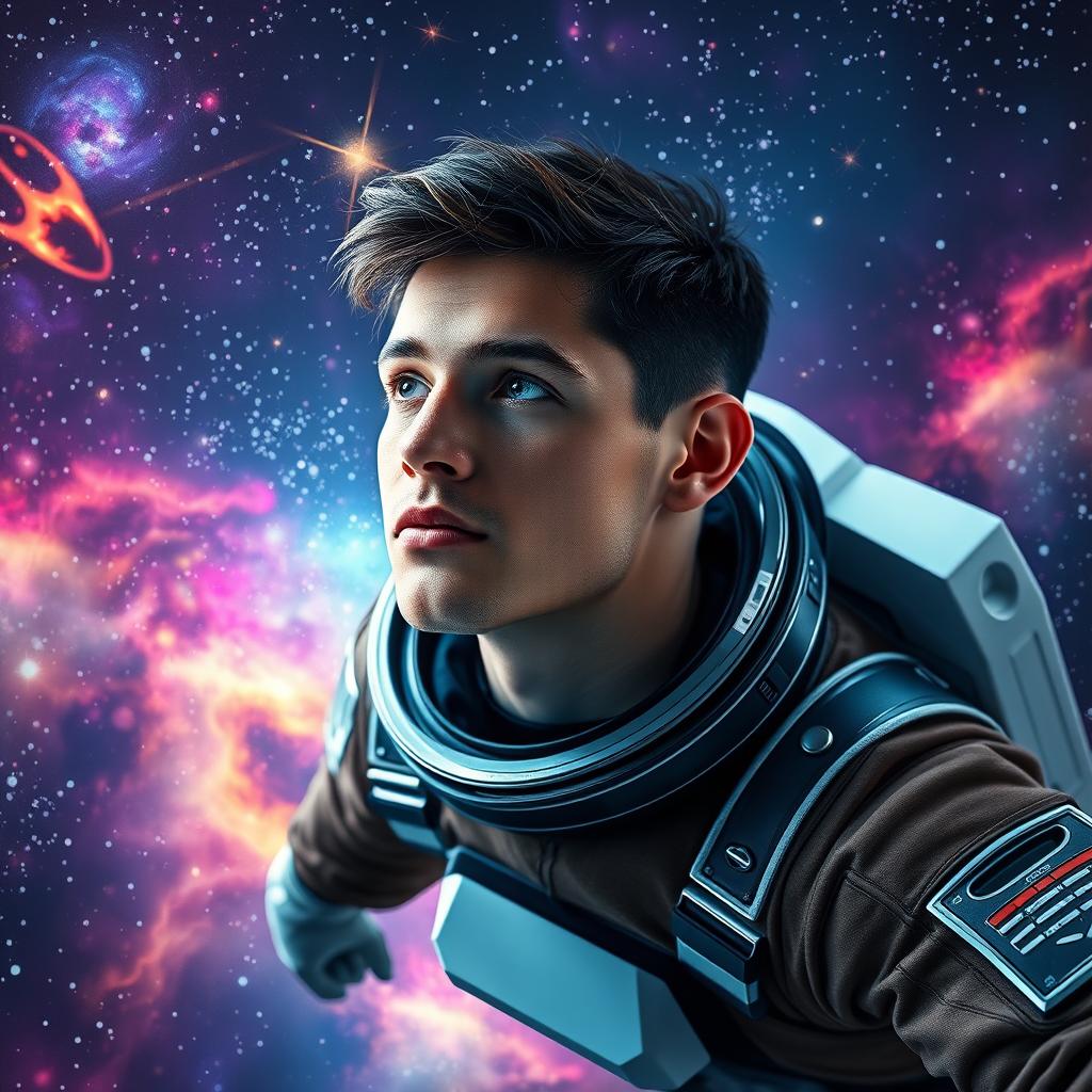 A stunning portrait of Antonio Moreno, a healthy young man with striking features and short dark hair, wearing a futuristic space suit