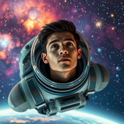 A stunning portrait of Antonio Moreno, a healthy young man with striking features and short dark hair, wearing a futuristic space suit