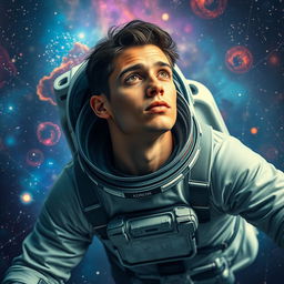 A stunning portrait of Antonio Moreno, a healthy young man with striking features and short dark hair, wearing a futuristic space suit