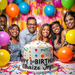 A vibrant and festive birthday scene celebrating a joyful first birthday