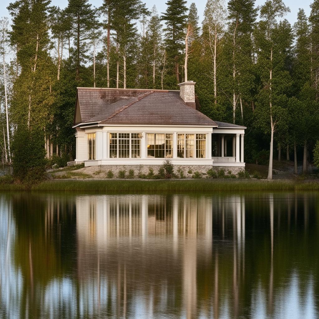 A beautiful lake house, perfectly reflected on the tranquil water surface