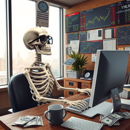 A funny skeleton engaging in trading on a computer, surrounded by stock market charts and graphs