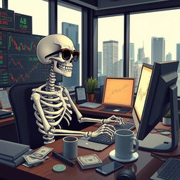 A funny skeleton engaging in trading on a computer, surrounded by stock market charts and graphs