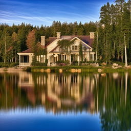 A beautiful lake house, perfectly reflected on the tranquil water surface