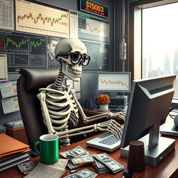 A funny skeleton engaging in trading on a computer, surrounded by stock market charts and graphs