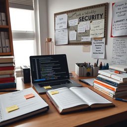 A study scene depicting a well-organized desk surrounded by textbooks and notes on mathematics, physics, and chemistry