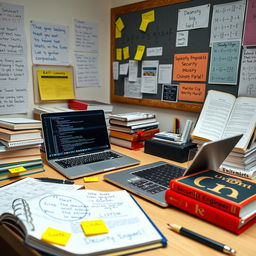 A study scene depicting a well-organized desk surrounded by textbooks and notes on mathematics, physics, and chemistry