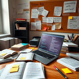 A study scene depicting a well-organized desk surrounded by textbooks and notes on mathematics, physics, and chemistry