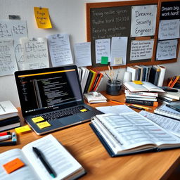 A study scene depicting a well-organized desk surrounded by textbooks and notes on mathematics, physics, and chemistry