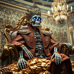 A luxurious skeleton dressed in extravagant, ornate garments, adorned with sparkling jewelry and treasures