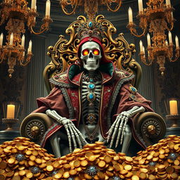 A luxurious skeleton dressed in extravagant, ornate garments, adorned with sparkling jewelry and treasures