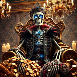 A luxurious skeleton dressed in extravagant, ornate garments, adorned with sparkling jewelry and treasures