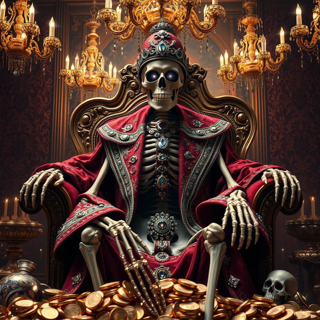 A luxurious skeleton dressed in extravagant, ornate garments, adorned with sparkling jewelry and treasures