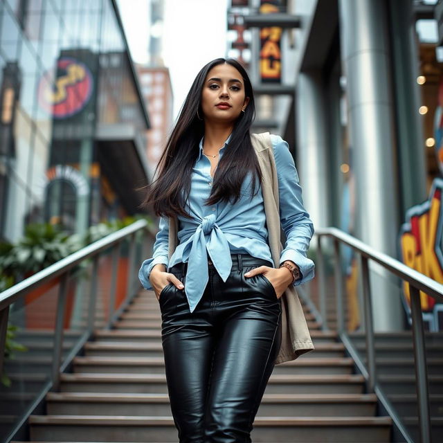 A stylish woman with long dark hair, wearing a light blue collared shirt tied at the waist, black leather pants, and a light jacket, standing confidently on stairs in a modern urban setting