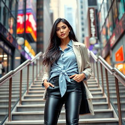 A stylish woman with long dark hair, wearing a light blue collared shirt tied at the waist, black leather pants, and a light jacket, standing confidently on stairs in a modern urban setting