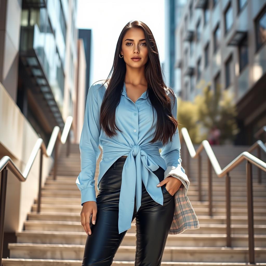 A stylish woman with long dark hair, wearing a light blue collared shirt with a deep neckline tied at the waist, paired with black leather pants and a light jacket