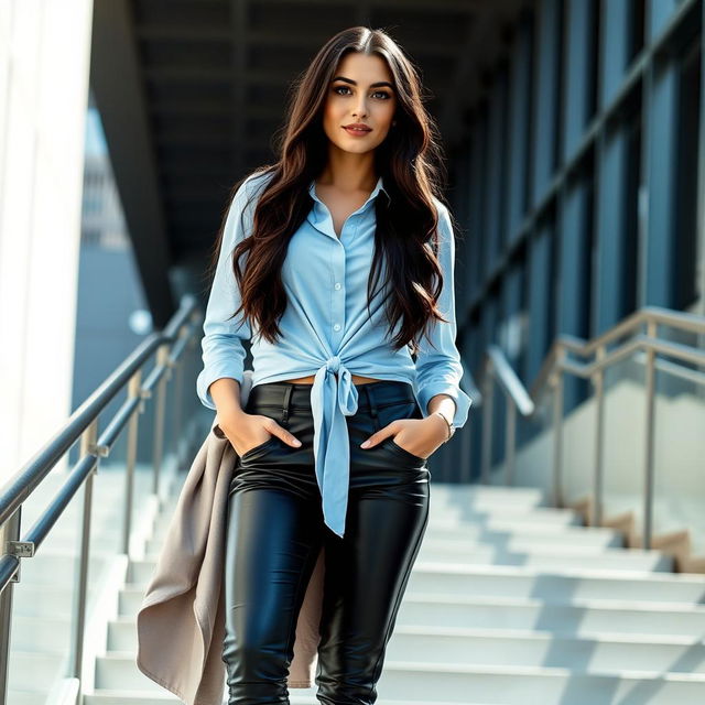 A stylish woman with long dark hair, wearing a light blue collared shirt with a deep neckline tied at the waist, paired with black leather pants and a light jacket