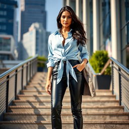 A stylish woman with long dark hair, wearing a light blue collared shirt with a deep neckline tied at the waist, paired with black leather pants and a light jacket
