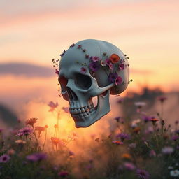A poignant and artistic representation of death, featuring a beautiful and serene skull adorned with delicate flowers intertwined in its design