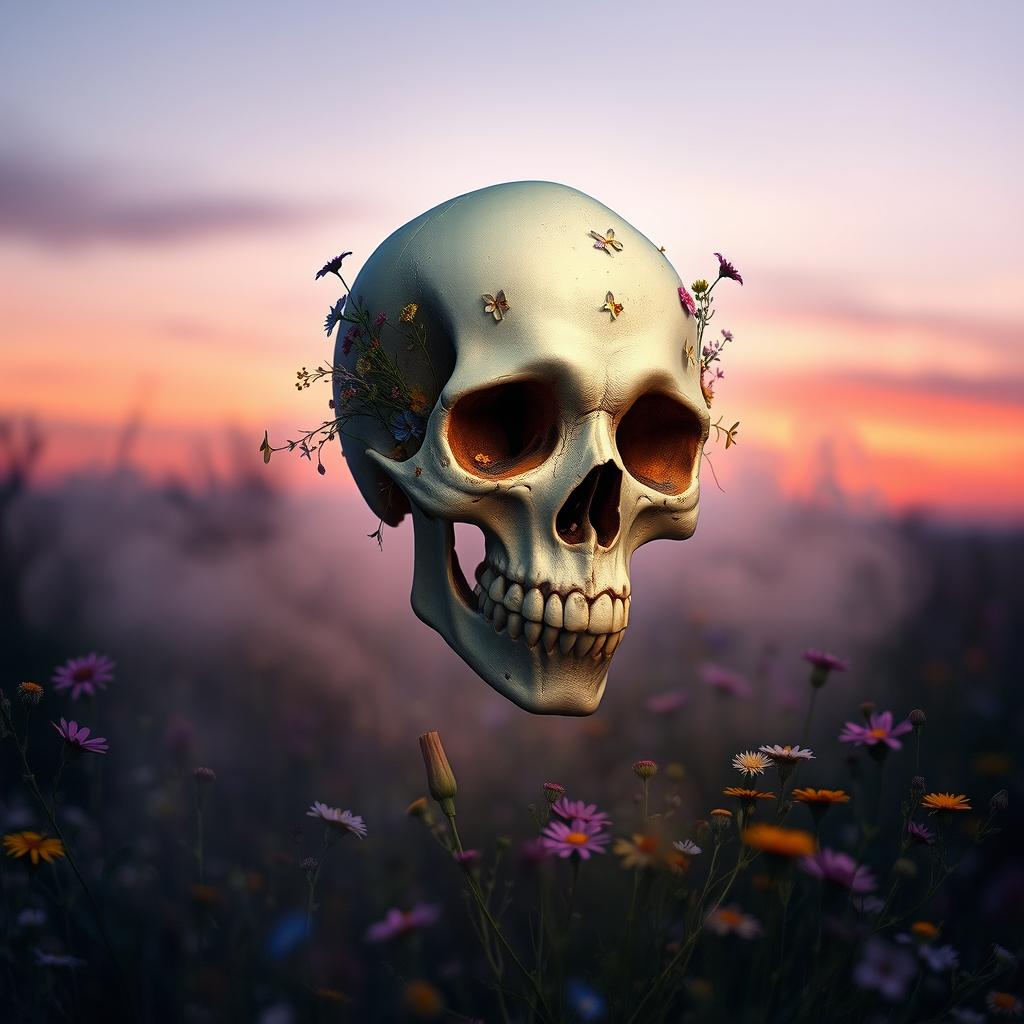 A poignant and artistic representation of death, featuring a beautiful and serene skull adorned with delicate flowers intertwined in its design