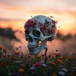 A poignant and artistic representation of death, featuring a beautiful and serene skull adorned with delicate flowers intertwined in its design