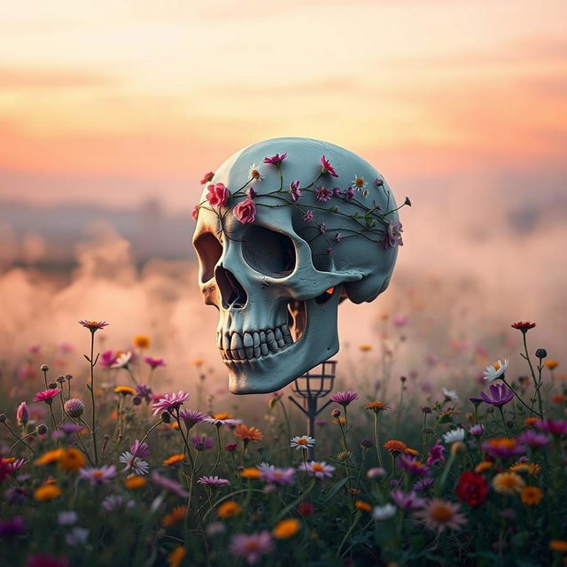 A poignant and artistic representation of death, featuring a beautiful and serene skull adorned with delicate flowers intertwined in its design