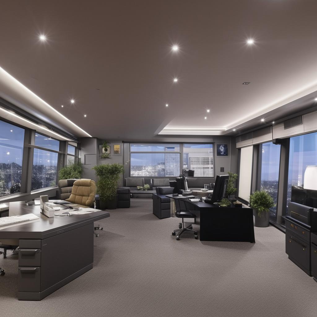 A penthouse office styled after a SWAT commander's quarters, taking architectural inspiration from the linked reference.