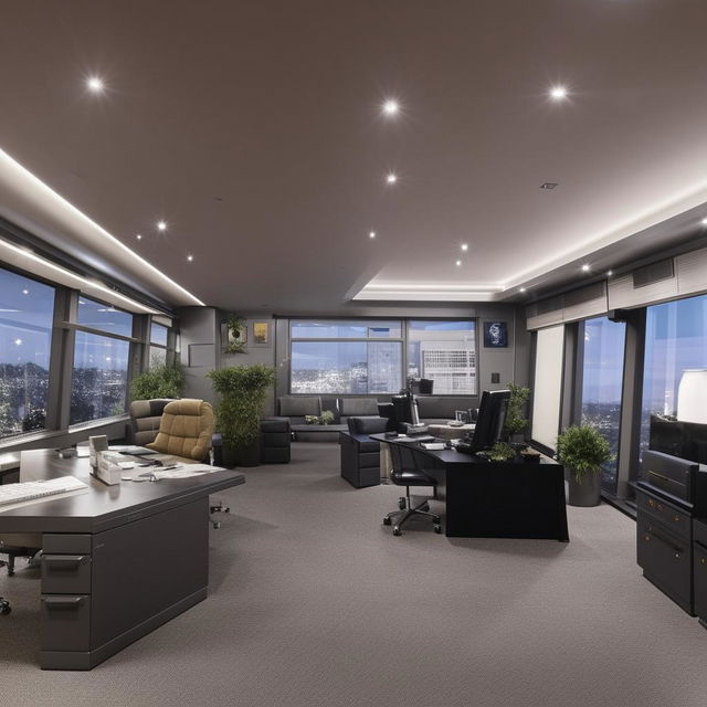 A penthouse office styled after a SWAT commander's quarters, taking architectural inspiration from the linked reference.