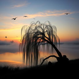 Explore the concept of death in a contemplative and artistic manner, depicting a serene and majestic landscape at dusk