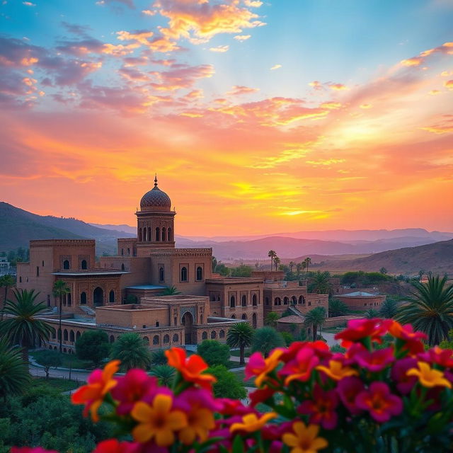 A stunning portrait of a Syrian landscape at sunset, showcasing traditional architecture with intricate designs and vibrant colors, surrounded by lush hills and palm trees