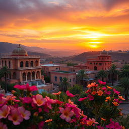 A stunning portrait of a Syrian landscape at sunset, showcasing traditional architecture with intricate designs and vibrant colors, surrounded by lush hills and palm trees