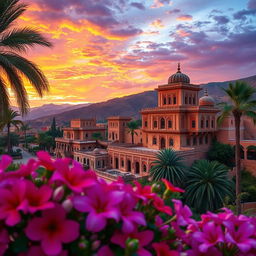 A stunning portrait of a Syrian landscape at sunset, showcasing traditional architecture with intricate designs and vibrant colors, surrounded by lush hills and palm trees